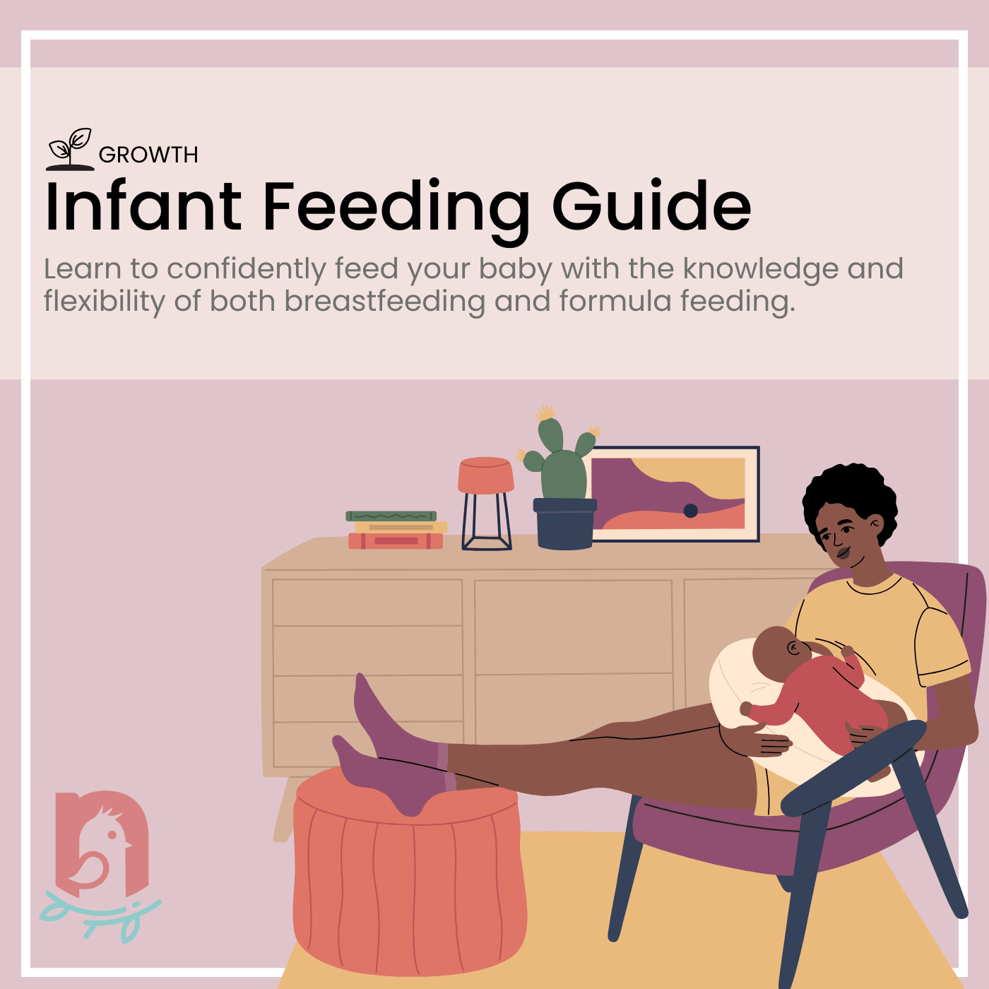 Illustration of a mother sitting in a chair, breastfeeding her baby. The image represents the Infant Feeding Guide course, offering guidance and strategies for both breastfeeding and formula feeding to help parents confidently feed their baby.