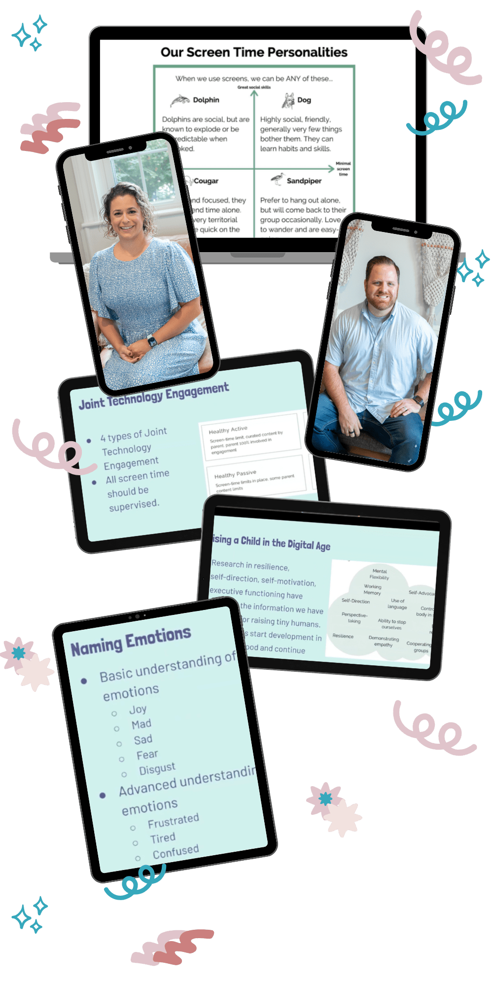 Collage of digital resources from the Mindful Tech course, featuring a video lesson on screen time personalities, a guide on joint technology engagement, and a session on raising children in the digital age. The image highlights various strategies and tools to help parents manage their children's technology use.