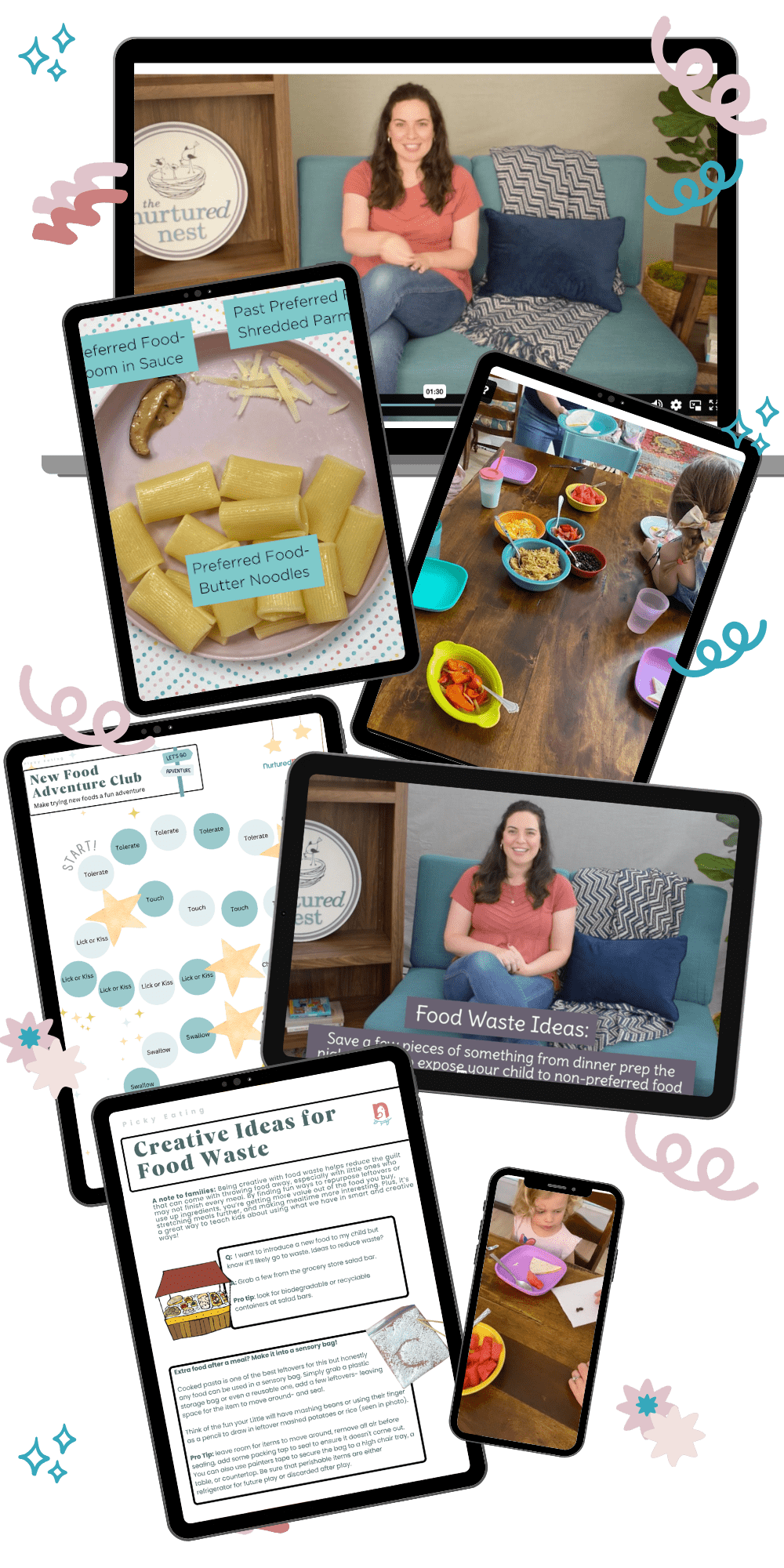 Collage of digital resources from the Raising Happy Eaters course, including video lessons, meal ideas, and printable resources for picky eating. The image showcases tools and tips to help parents create confident mealtimes and encourage positive food habits.