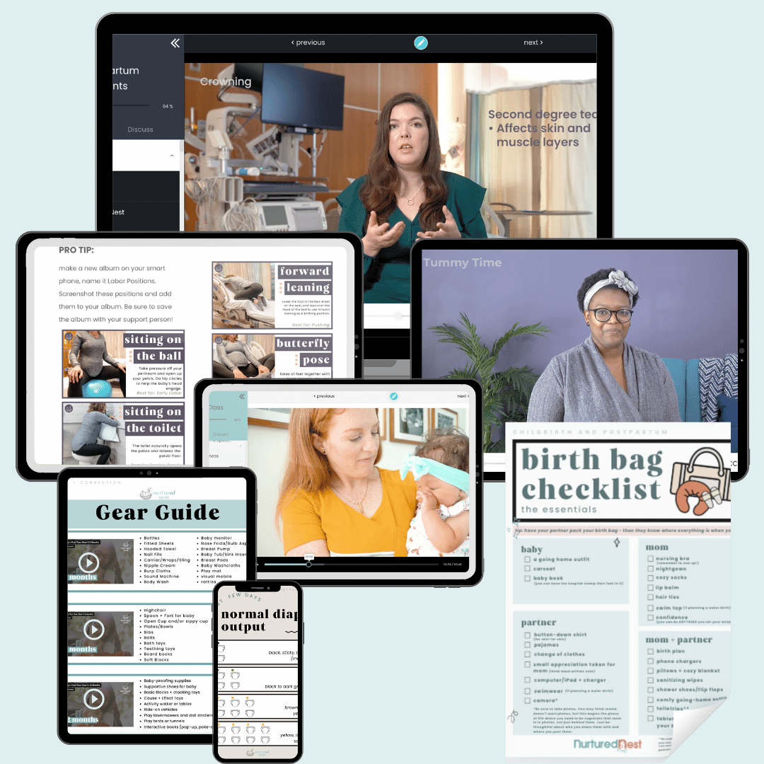 Online pregnancy childbirth class resources including video tutorials and checklists on various devices.