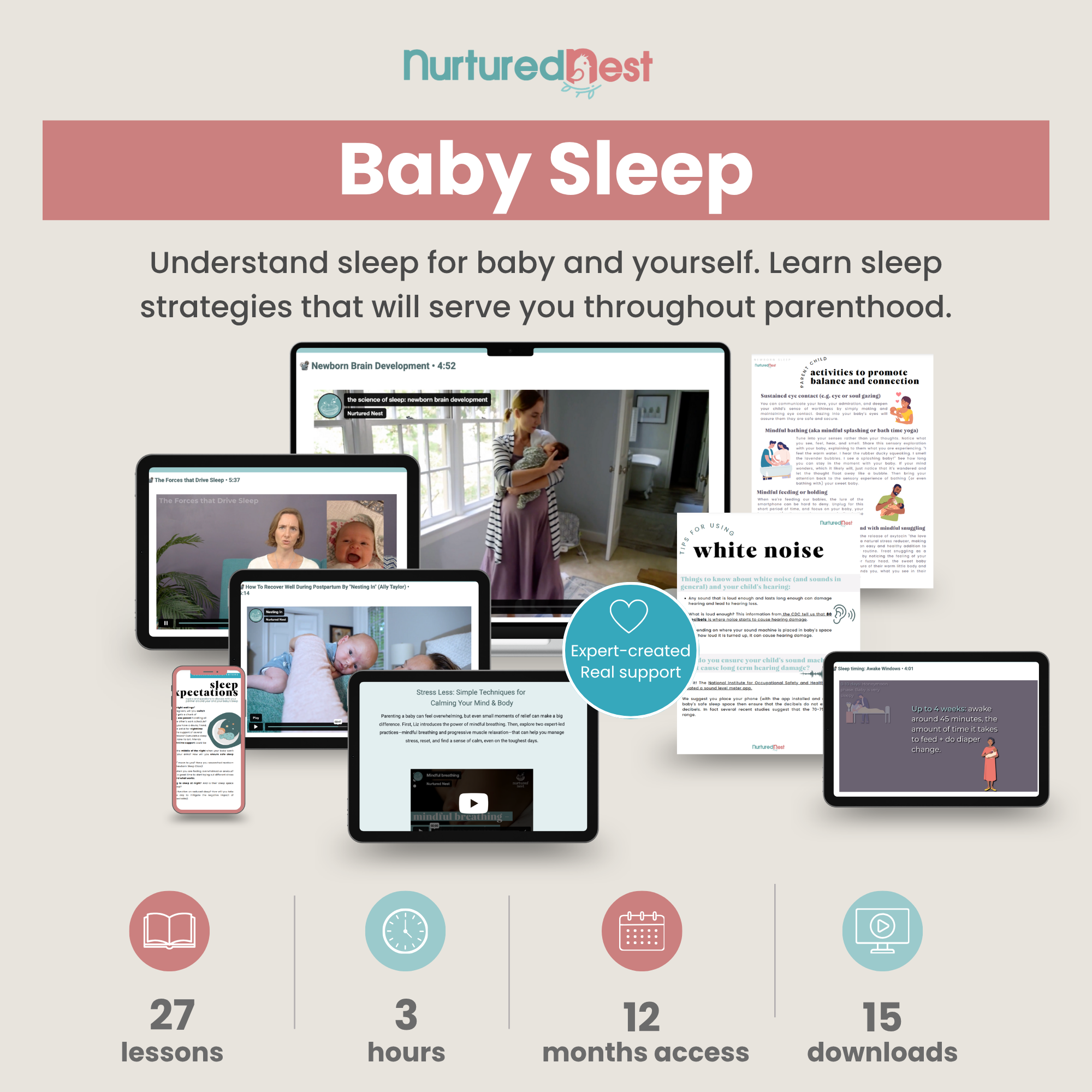 Promotional graphic for a digital course called 'Newborn Sleep' by Nurtured Nest. The design features mockups of tablets, a smartphone, and printed pages displaying sleep education content, set against a light beige background with key feature icons at the bottom.