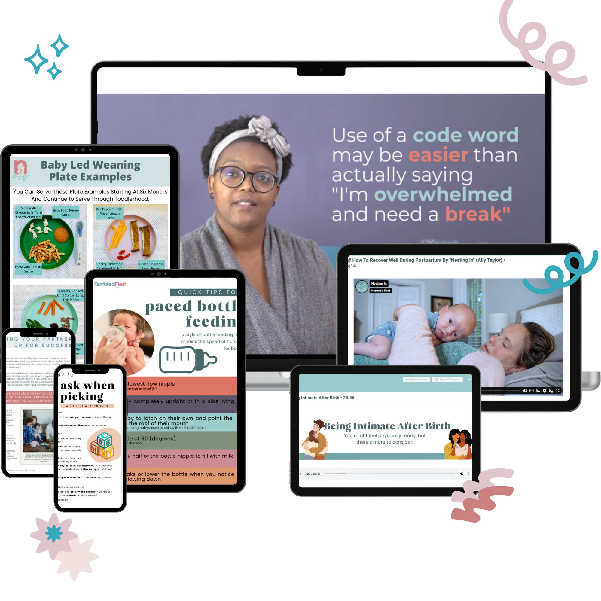 UNC Health Rex baby’s first year educational materials on various devices including a laptop, tablet, and smartphones.