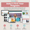 Promotional graphic for the 'Baby's First Year Program' by Nurtured Nest, showing a collection of digital mockups including an iPad, tablet, laptop, and smartphone displaying lesson content, alongside informational leaflets. The graphic features a dusty rose header and a light beige background with feature icons and text detailing the program's 57 lessons, 6+ hours of content, 12 months access, and 22+ downloads.