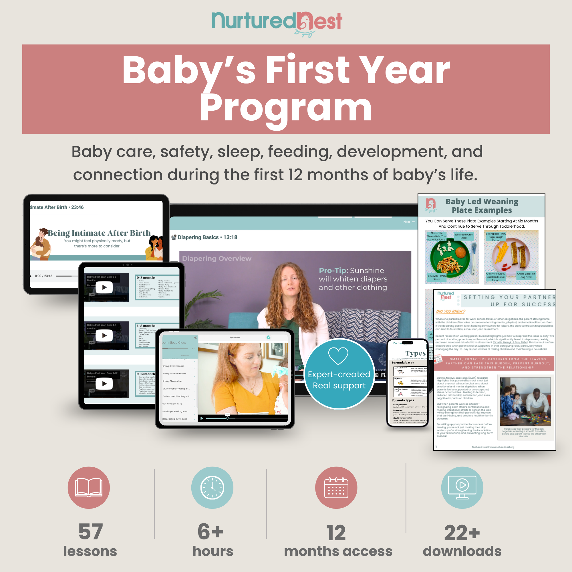 Promotional graphic for the 'Baby's First Year Program' by Nurtured Nest, showing a collection of digital mockups including an iPad, tablet, laptop, and smartphone displaying lesson content, alongside informational leaflets. The graphic features a dusty rose header and a light beige background with feature icons and text detailing the program's 57 lessons, 6+ hours of content, 12 months access, and 22+ downloads.