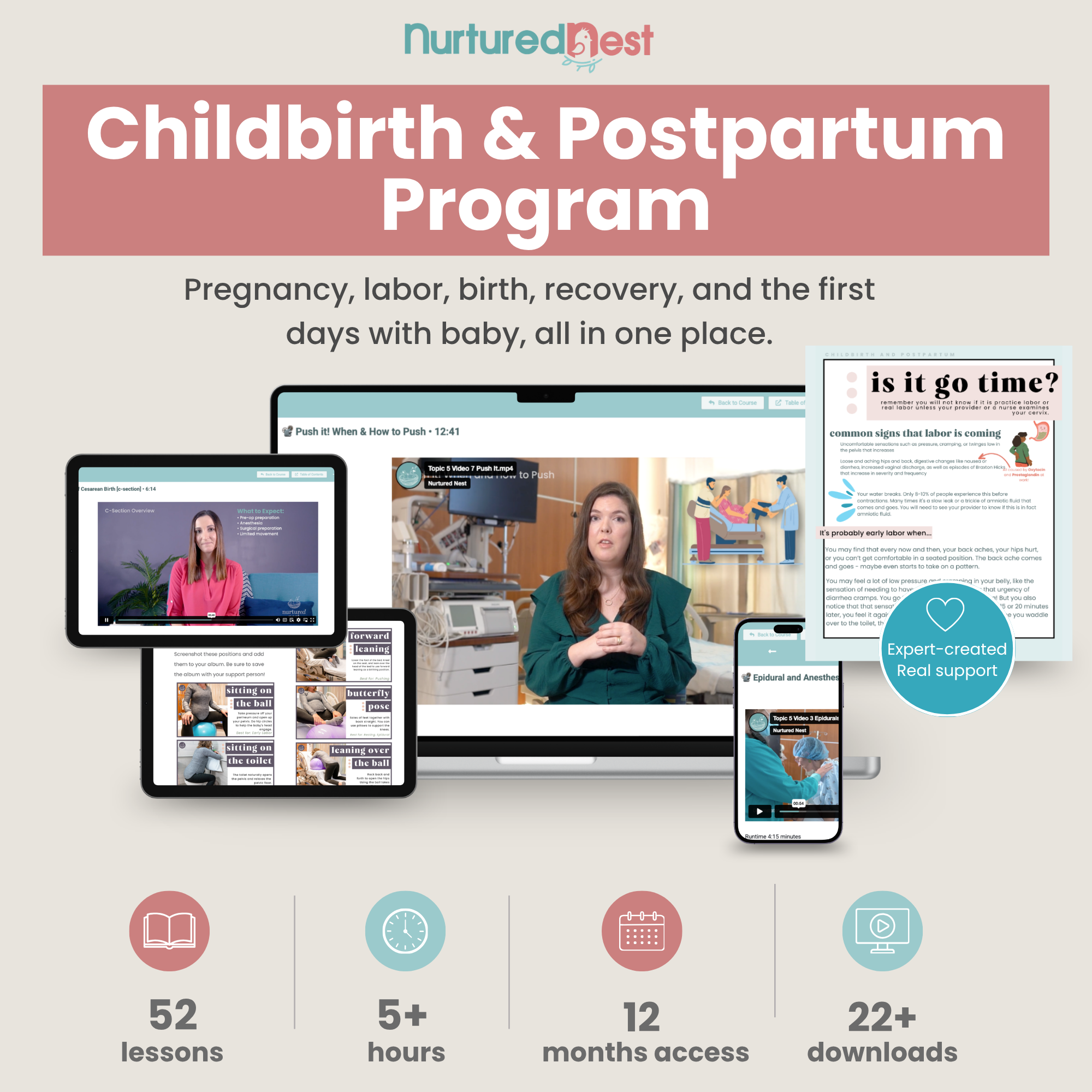 Promotional graphic for the 'Childbirth & Postpartum Program' by Nurtured Nest, showing a digital course interface displayed on a laptop, tablet, and smartphone mockup. The graphic features text highlighting the program's coverage of pregnancy, labor, birth, recovery, and breastfeeding, along with key feature icons indicating 52 lessons, 5+ hours of content, 12 months of access, and 22+ downloads.