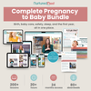 Promotional graphic for the 'Complete Pregnancy to Baby Program' by Nurtured Nest, showing digital mockups of a website, tablet, laptop, and smartphones displaying video lessons and educational content, alongside informational posters. The graphic features a dusty rose header and a light beige background with feature icons at the bottom.