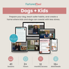 Promotional graphic for a digital course called 'Dog + Kids' by Nurtured Nest. The image shows multiple digital screens (laptop, tablet, phone, and smaller devices) displaying video lessons and educational materials.