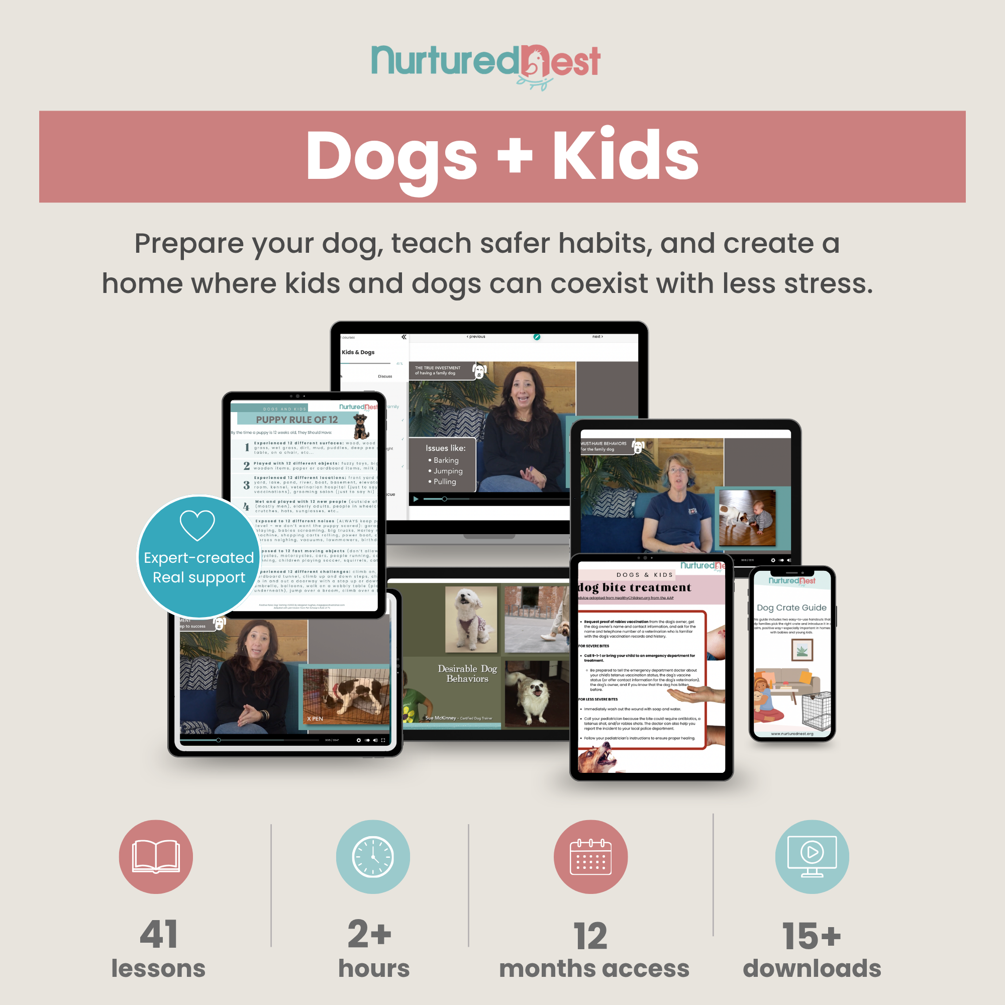 Promotional graphic for a digital course called 'Dog + Kids' by Nurtured Nest. The image shows multiple digital screens (laptop, tablet, phone, and smaller devices) displaying video lessons and educational materials.