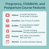Pregnancy, Childbirth, and Postpartum Course Features with icons and text on a teal background