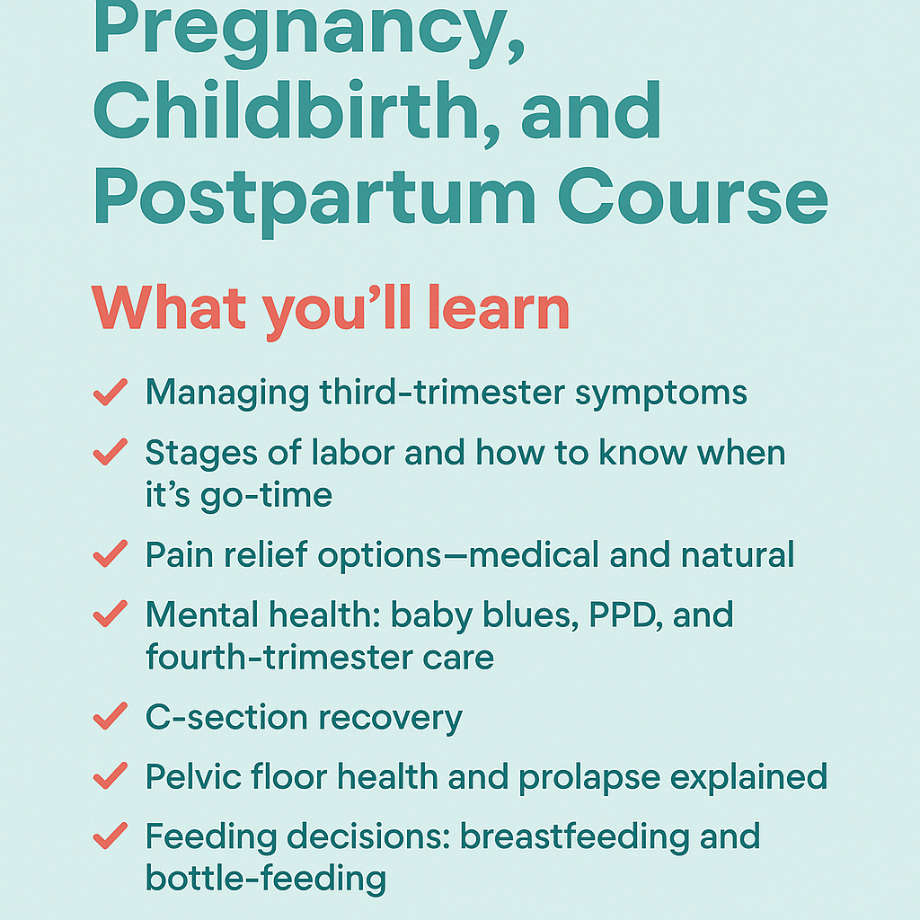 Course outline for pregnancy, childbirth, and postpartum on a light blue background