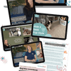 Collage of digital resources from the Kids & The Family Dog course, featuring video lessons, activities like Hide & Seek Pup Style, and a dog bite treatment guide. The image highlights various strategies for managing dog-child interactions and ensuring safety and bonding.