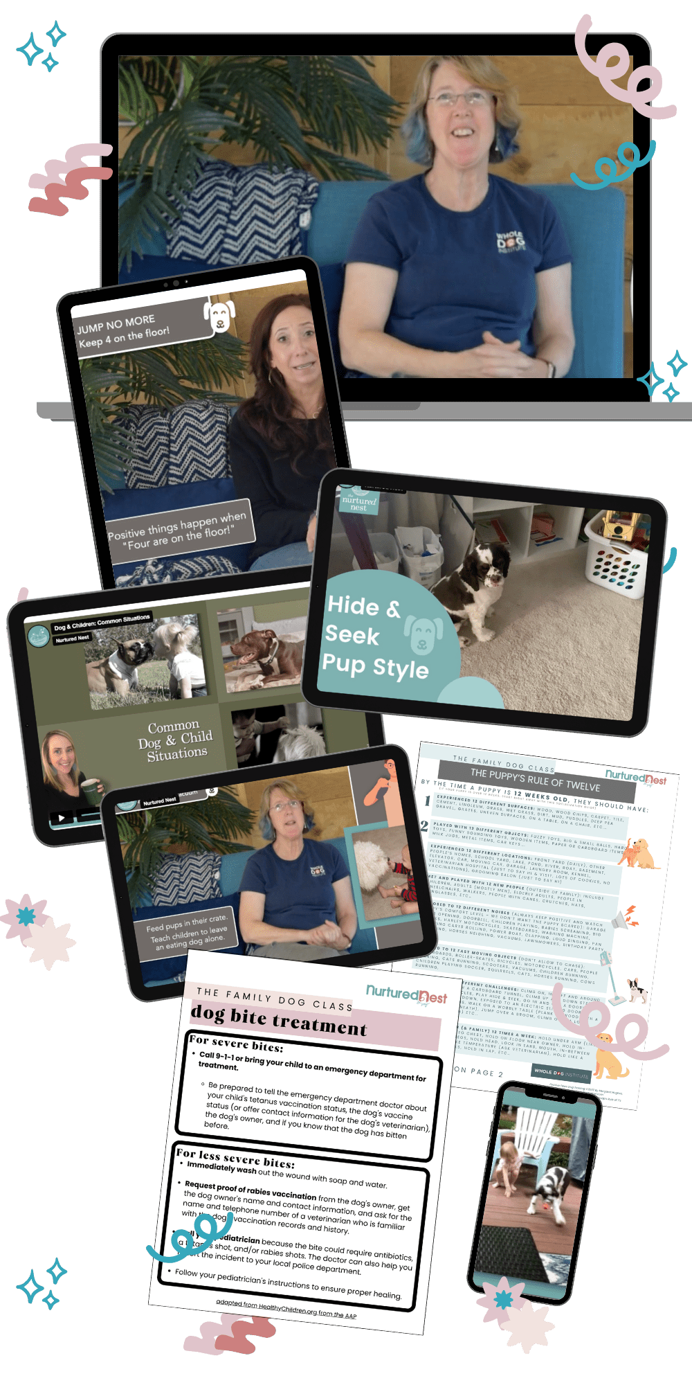 Collage of digital resources from the Kids & The Family Dog course, featuring video lessons, activities like Hide & Seek Pup Style, and a dog bite treatment guide. The image highlights various strategies for managing dog-child interactions and ensuring safety and bonding.