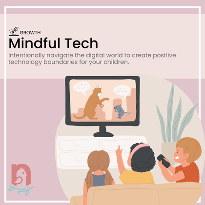 Illustration of children sitting together on a couch, enjoying a screen with a cat and mouse cartoon. The image represents the Mindful Tech course, designed to help parents navigate technology use and establish positive boundaries for children.