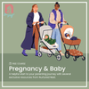 Illustration of two parents walking with strollers, one carrying a baby in a green onesie and the other with a baby in a stroller. The image represents the Pregnancy & Baby free course, offering helpful resources and support to guide parents through their parenting journey.