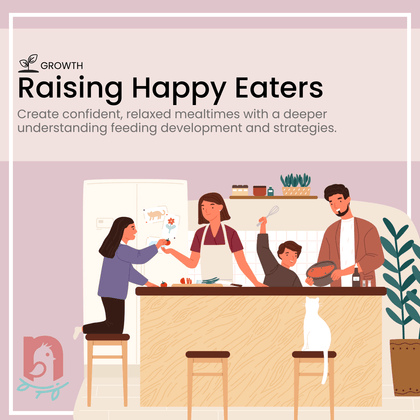 Illustration of a family preparing a meal together in the kitchen, representing the Raising Happy Eaters course. The image highlights a supportive environment where parents and children can create relaxed mealtimes and develop healthy feeding habits.